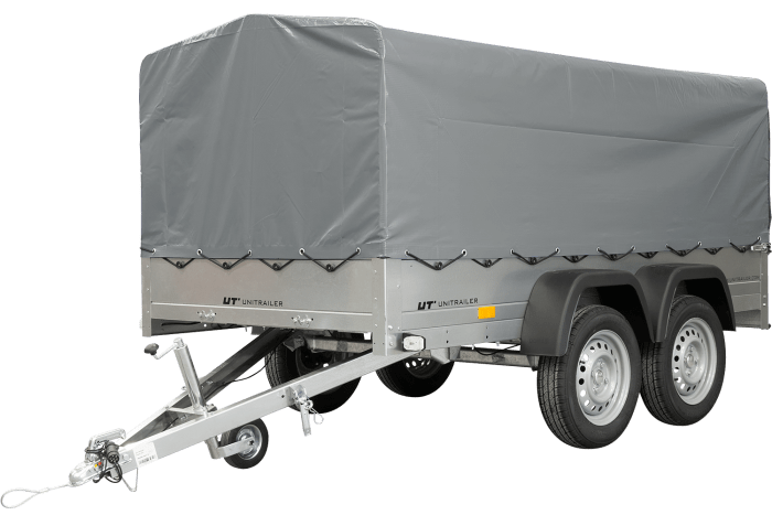 REMORQUE DOUBLE ESSIEUX UNITRAILER 264/2 KIPP AVEC ROUE JOCKEY, ARCEAU ET bâche GRISE – Image 1