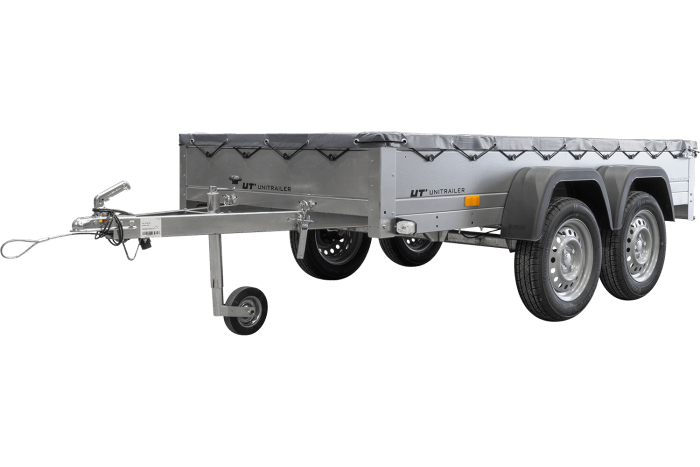 REMORQUE UNITRAILER 264/2 KIPP AVEC ROUE JOCKEY, TIGE DE SUPPORT DE BÂCHE ET BÂCHE PLATE GRISE – Image 1
